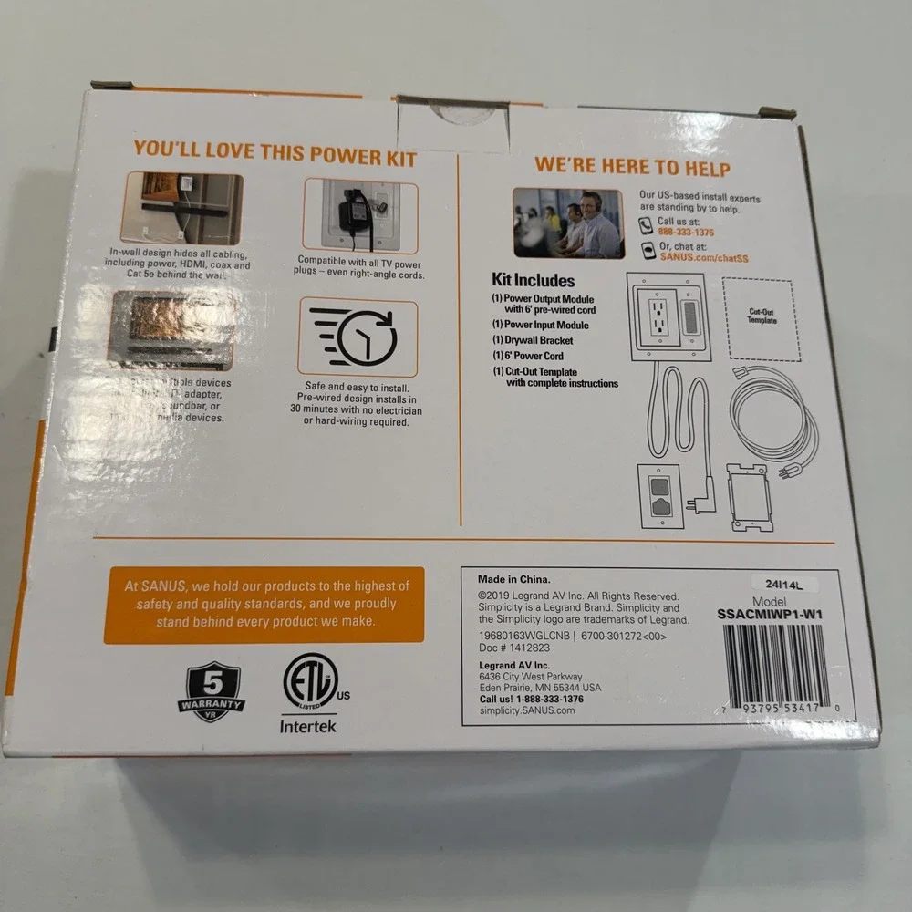 SANUS Simplicity In wall Power and Cable Management Kit for Mounted TVs White